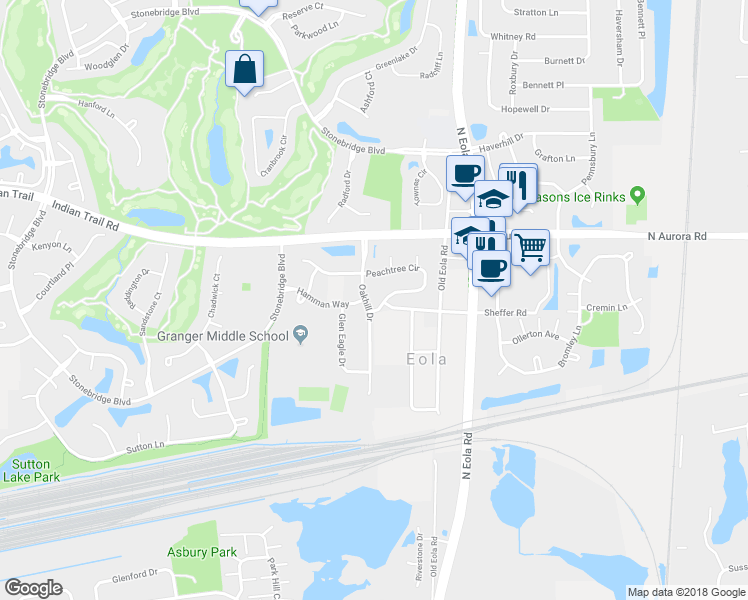 map of restaurants, bars, coffee shops, grocery stores, and more near 3037 Peachtree Circle in Aurora