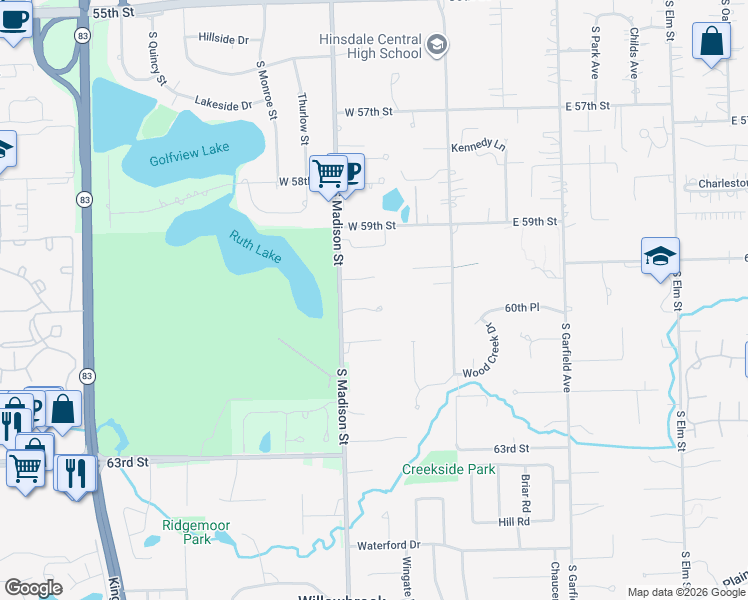 map of restaurants, bars, coffee shops, grocery stores, and more near 7 Andrew Court in Burr Ridge