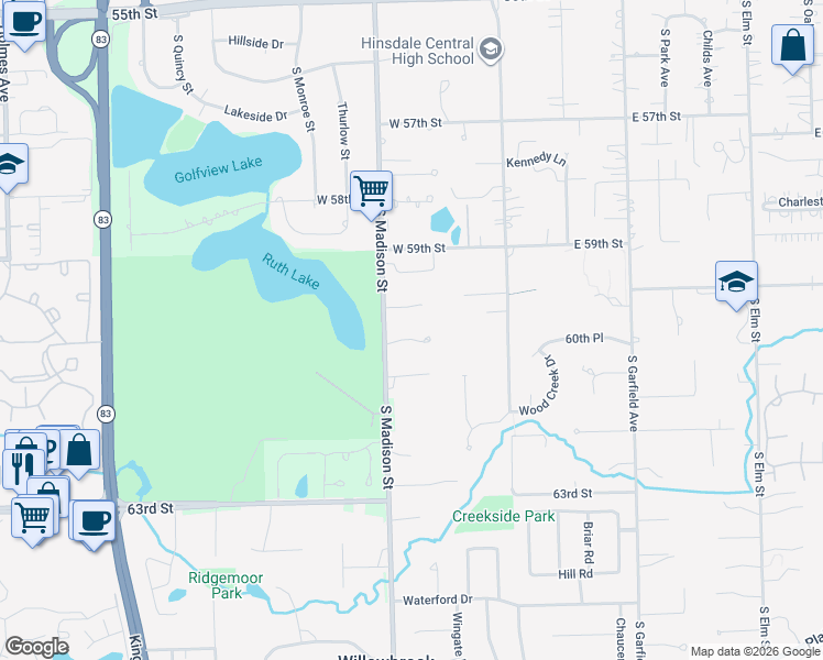 map of restaurants, bars, coffee shops, grocery stores, and more near 7 Andrew Court in Burr Ridge
