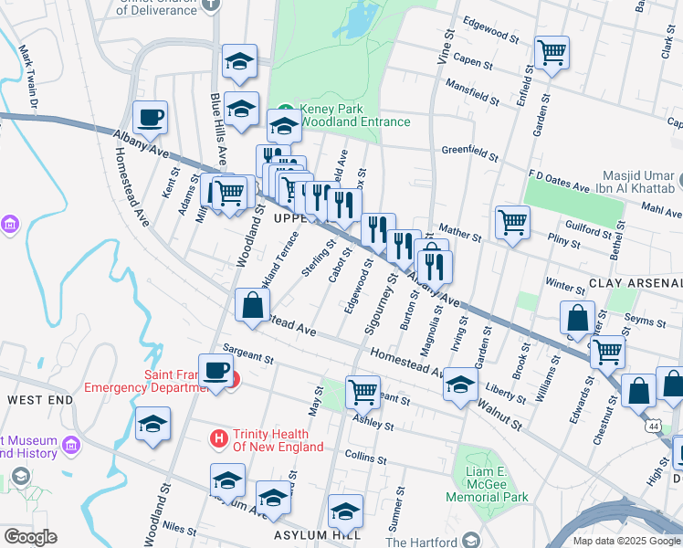 map of restaurants, bars, coffee shops, grocery stores, and more near 64 Cabot Street in Hartford