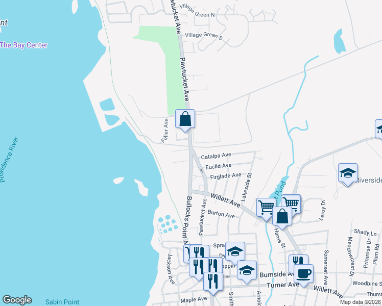 map of restaurants, bars, coffee shops, grocery stores, and more near 916 Bullocks Point Avenue in East Providence