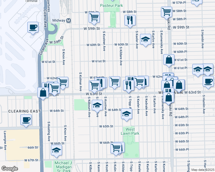 map of restaurants, bars, coffee shops, grocery stores, and more near 6231 South Kostner Avenue in Chicago