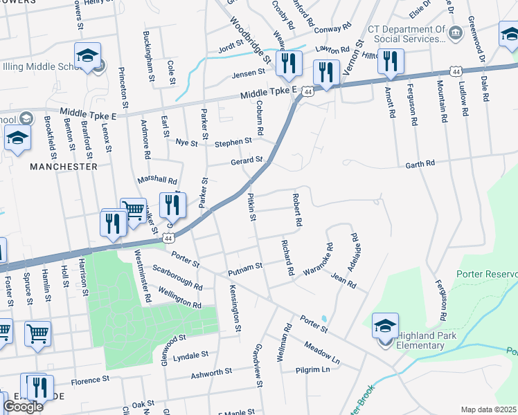 map of restaurants, bars, coffee shops, grocery stores, and more near 35 Pitkin St in Manchester