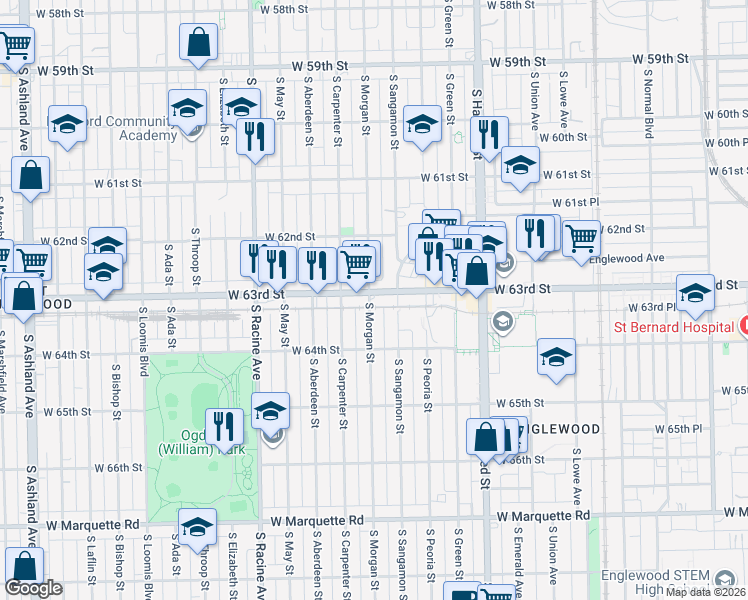 map of restaurants, bars, coffee shops, grocery stores, and more near 955 West 63rd Street in Chicago