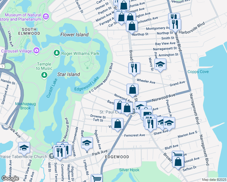 map of restaurants, bars, coffee shops, grocery stores, and more near 283 Norwood Avenue in Providence