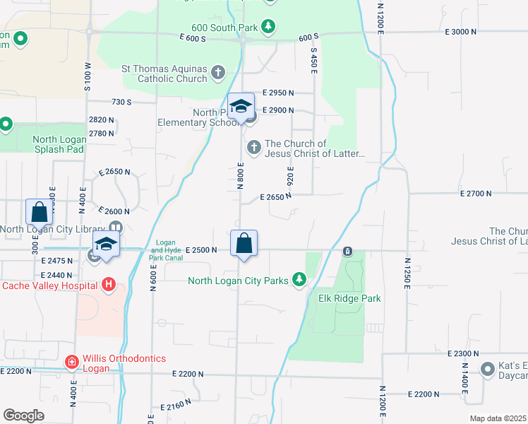 map of restaurants, bars, coffee shops, grocery stores, and more near 2615 North 870 East in North Logan