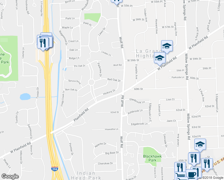 map of restaurants, bars, coffee shops, grocery stores, and more near 1012 Hickory Drive in Western Springs