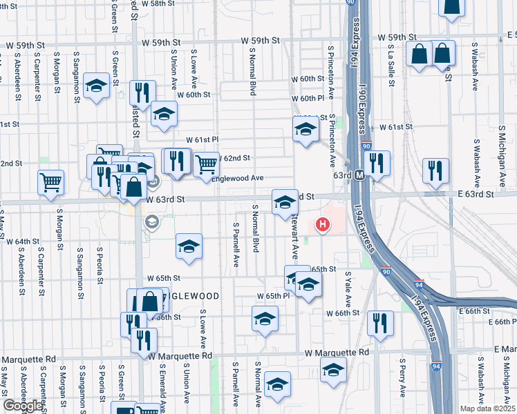 map of restaurants, bars, coffee shops, grocery stores, and more near 6307 South Normal Boulevard in Chicago