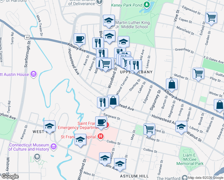 map of restaurants, bars, coffee shops, grocery stores, and more near 369 Woodland Street in Hartford