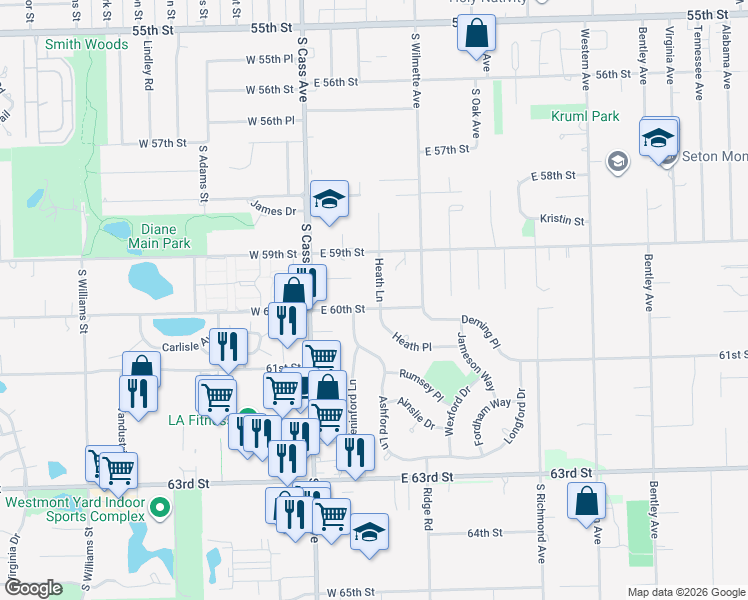 map of restaurants, bars, coffee shops, grocery stores, and more near 840 Heath Lane in Westmont