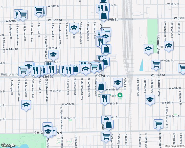 map of restaurants, bars, coffee shops, grocery stores, and more near 2442 West 63rd Street in Chicago