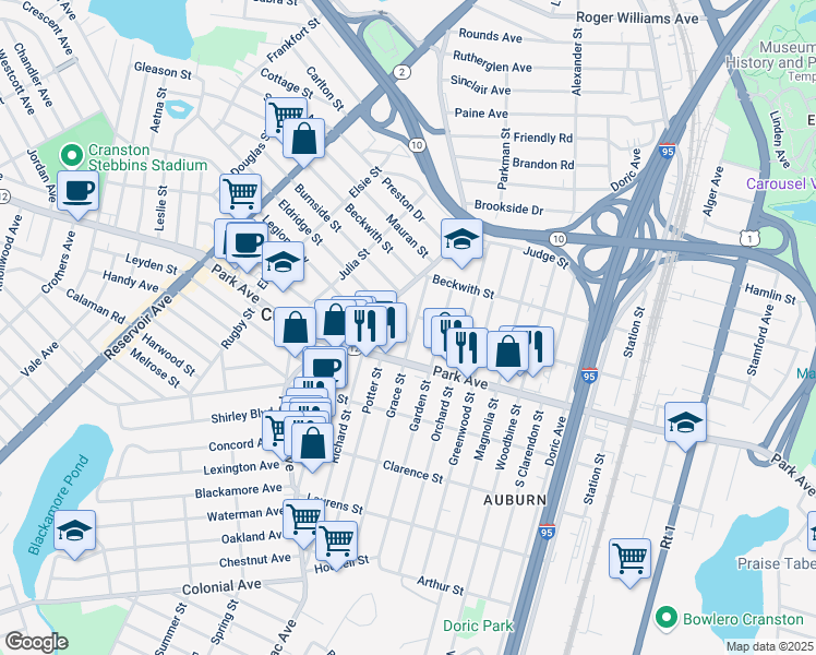 map of restaurants, bars, coffee shops, grocery stores, and more near 53 Grace Street in Cranston