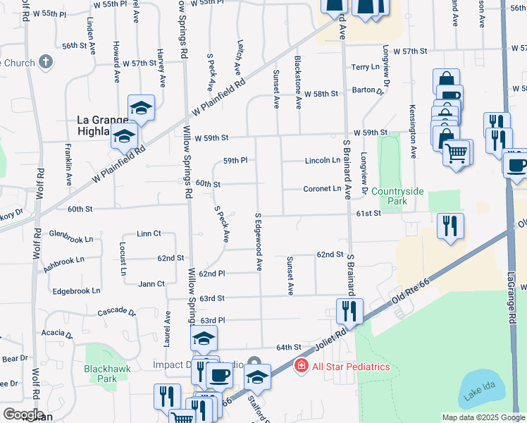 map of restaurants, bars, coffee shops, grocery stores, and more near 6045 South Edgewood Avenue in La Grange Highlands