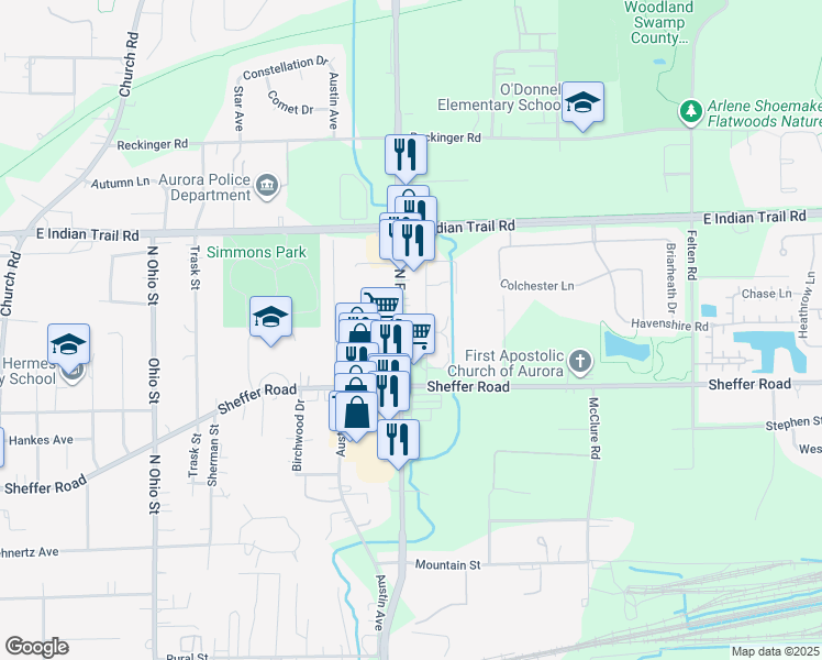 map of restaurants, bars, coffee shops, grocery stores, and more near 1055 North Farnsworth Avenue in Aurora