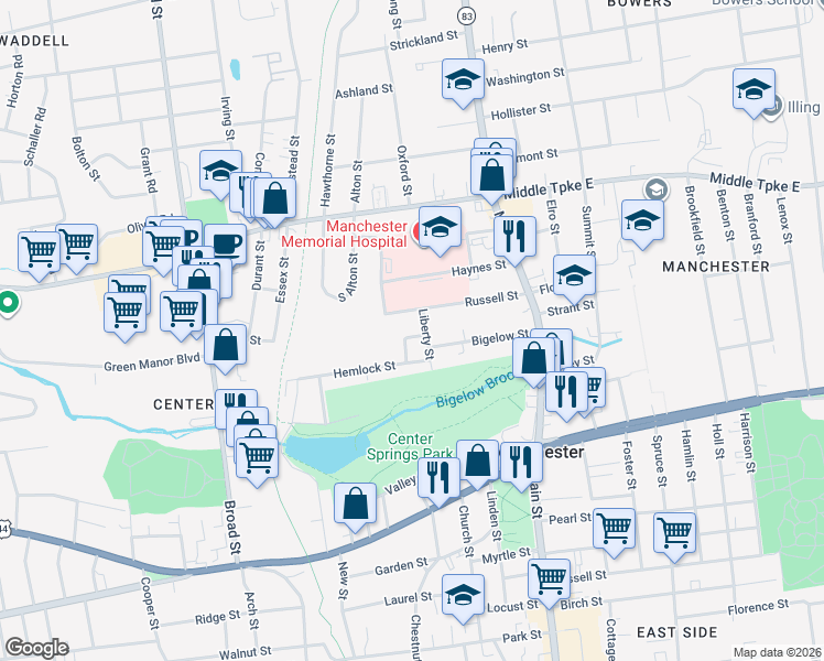 map of restaurants, bars, coffee shops, grocery stores, and more near 15 Anderson Street in Manchester