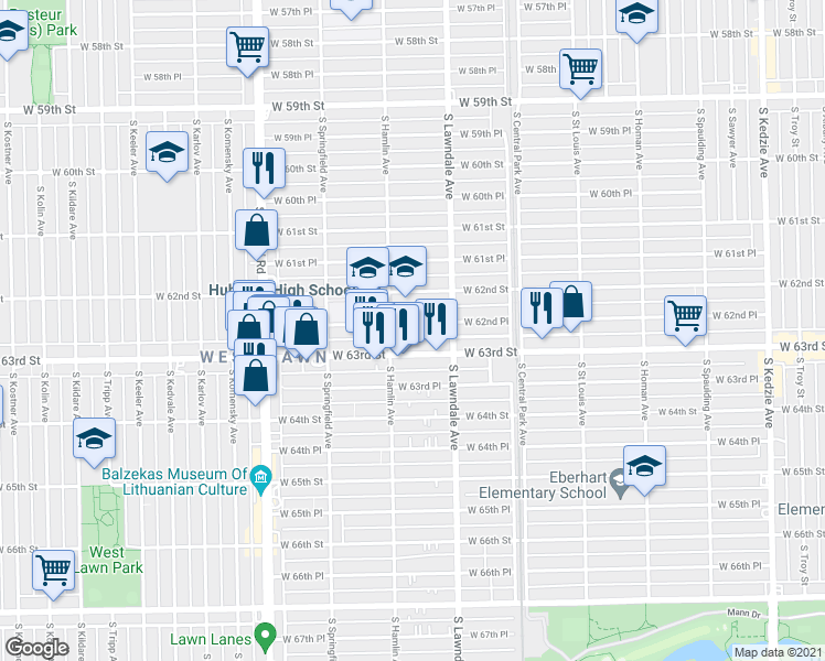 map of restaurants, bars, coffee shops, grocery stores, and more near 3739 West 62nd Place in Chicago
