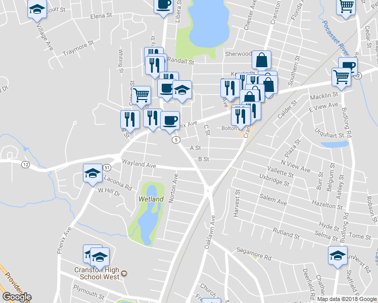 map of restaurants, bars, coffee shops, grocery stores, and more near 99 Atwood Avenue in Cranston