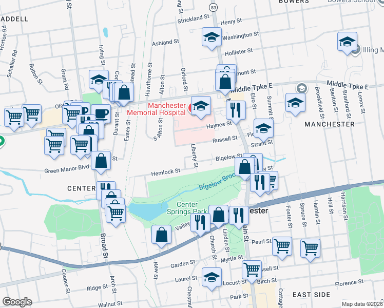 map of restaurants, bars, coffee shops, grocery stores, and more near 15 Anderson Street in Manchester