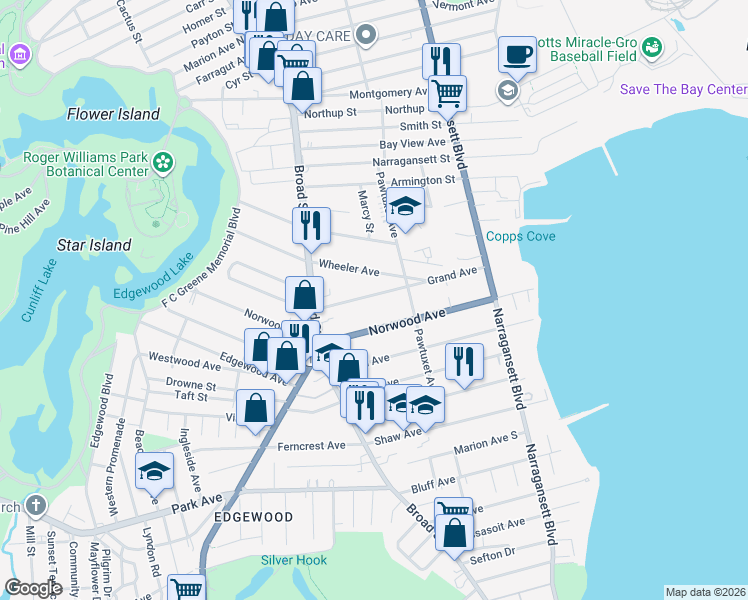 map of restaurants, bars, coffee shops, grocery stores, and more near 176 Grand Avenue in Cranston