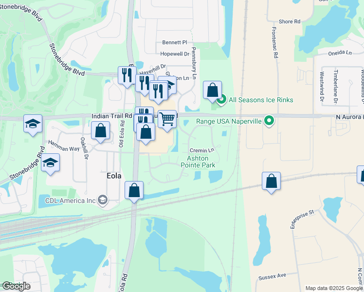 map of restaurants, bars, coffee shops, grocery stores, and more near 3244 Bromley Lane in Aurora