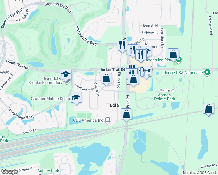 map of restaurants, bars, coffee shops, grocery stores, and more near 2978 Peachtree Circle in Aurora