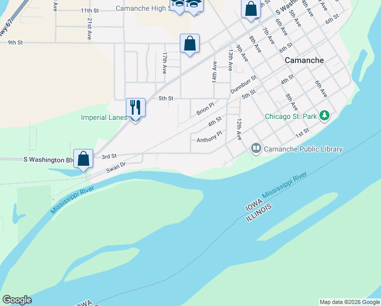 map of restaurants, bars, coffee shops, grocery stores, and more near 300 15th Avenue in Camanche
