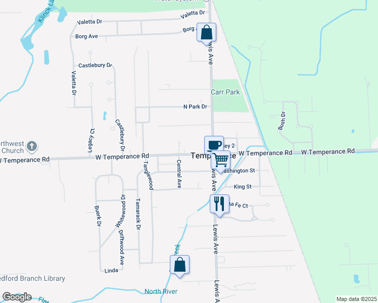map of restaurants, bars, coffee shops, grocery stores, and more near 1056 West Temperance Road in Temperance