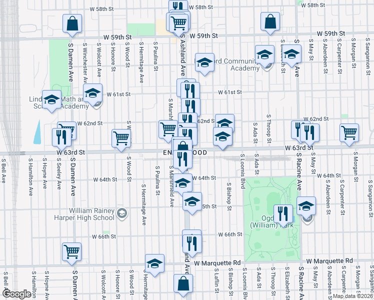 map of restaurants, bars, coffee shops, grocery stores, and more near S Ashland Ave & W 63rd St in Chicago