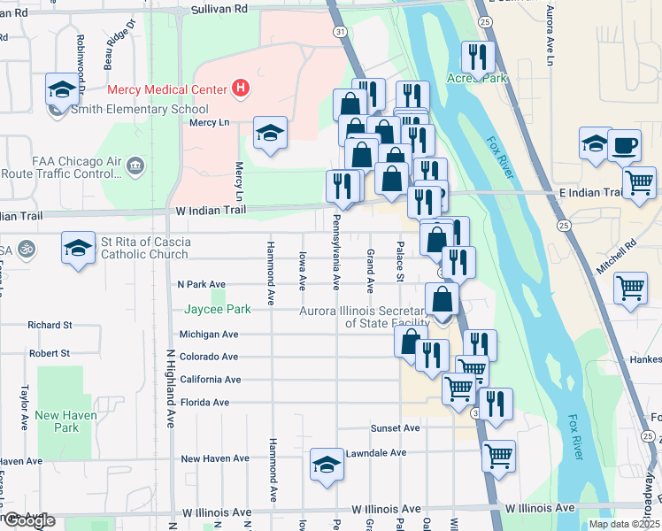 map of restaurants, bars, coffee shops, grocery stores, and more near 370 Lakelawn Boulevard in Aurora