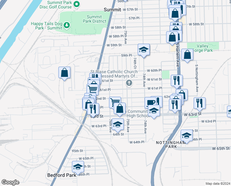 map of restaurants, bars, coffee shops, grocery stores, and more near 7539 West 61st Place in Summit