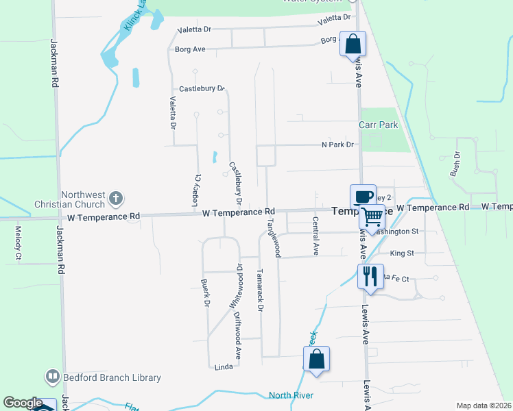 map of restaurants, bars, coffee shops, grocery stores, and more near 1250 West Temperance Road in Temperance