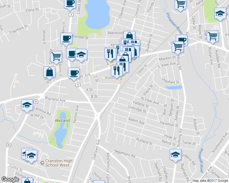 map of restaurants, bars, coffee shops, grocery stores, and more near 1821 Cranston Street in Cranston
