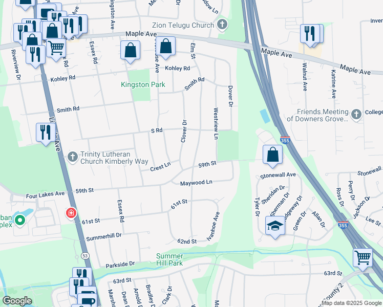 map of restaurants, bars, coffee shops, grocery stores, and more near 5825 Clover Drive in Lisle