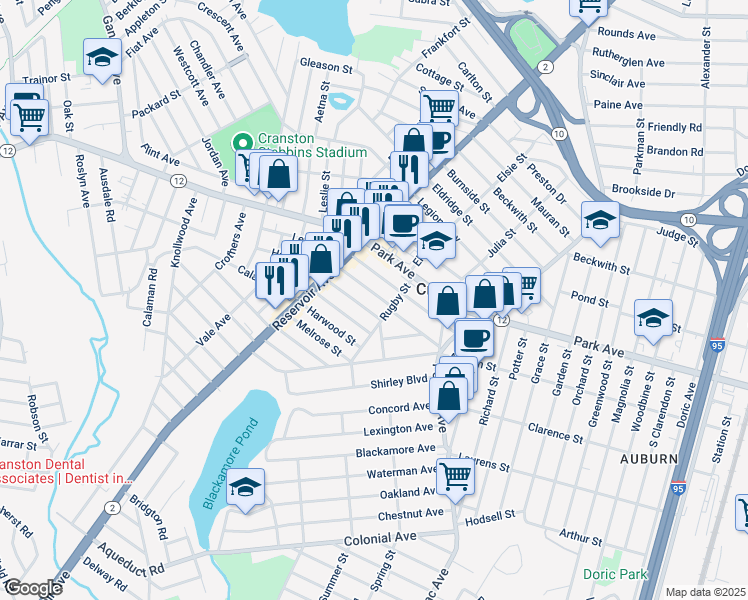 map of restaurants, bars, coffee shops, grocery stores, and more near 88 Wollaston Street in Cranston