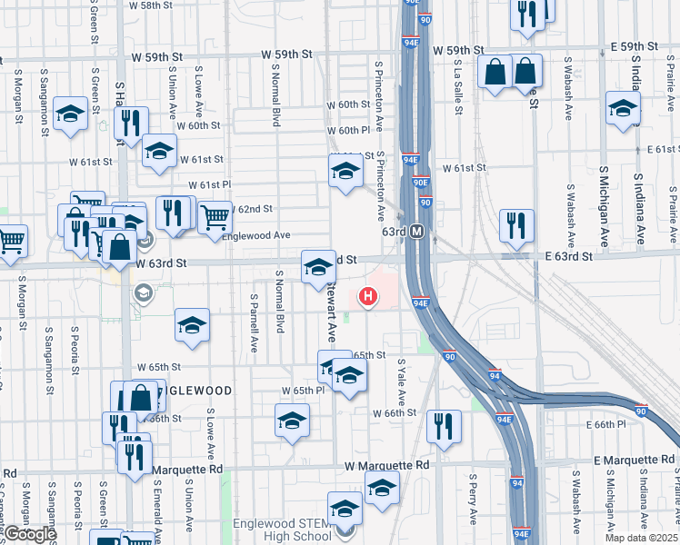 map of restaurants, bars, coffee shops, grocery stores, and more near 6456 South Stewart Avenue in Chicago