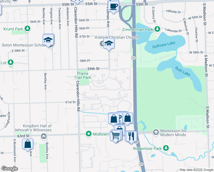 map of restaurants, bars, coffee shops, grocery stores, and more near 96 Ascot Lane in Willowbrook