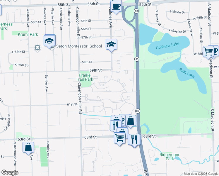 map of restaurants, bars, coffee shops, grocery stores, and more near 96 Ascot Lane in Willowbrook