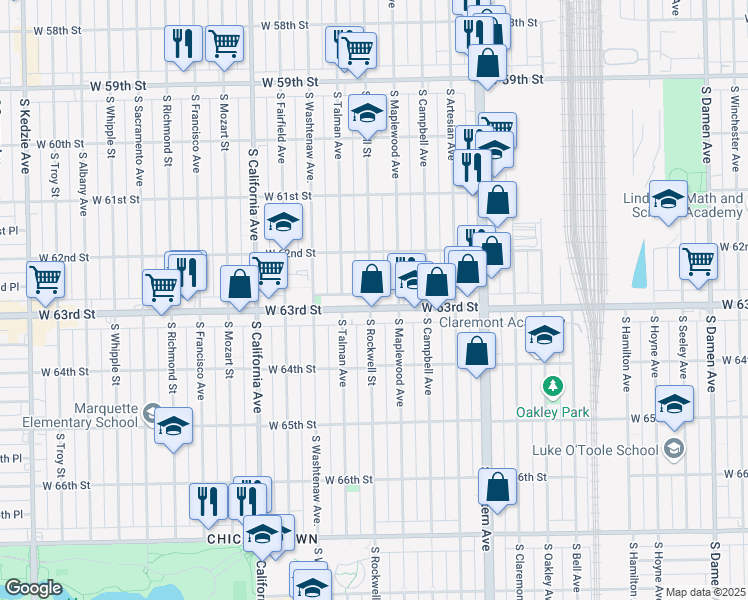 map of restaurants, bars, coffee shops, grocery stores, and more near 2556 West 63rd Street in Chicago