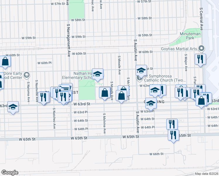 map of restaurants, bars, coffee shops, grocery stores, and more near 6200 South Moody Avenue in Chicago