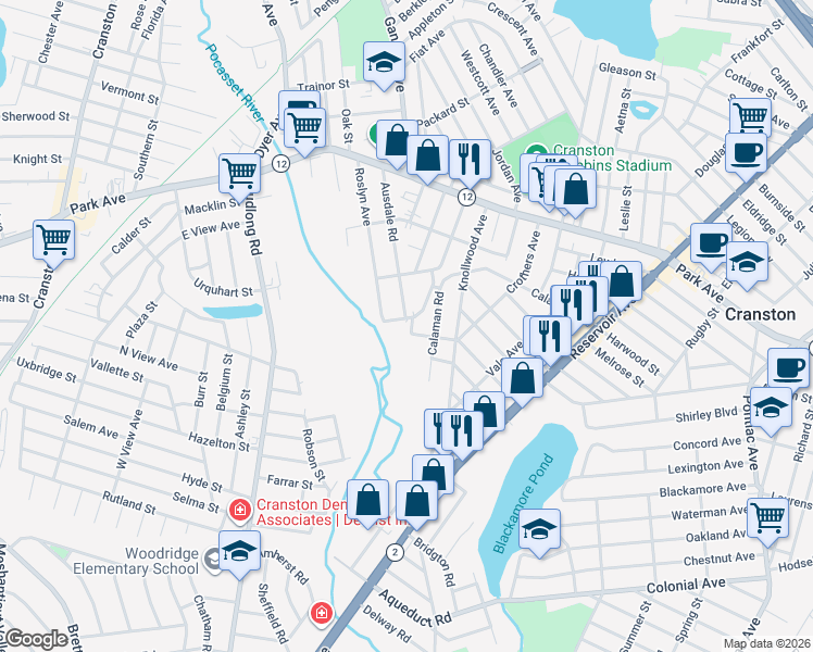 map of restaurants, bars, coffee shops, grocery stores, and more near 118 Columbus Boulevard in Cranston