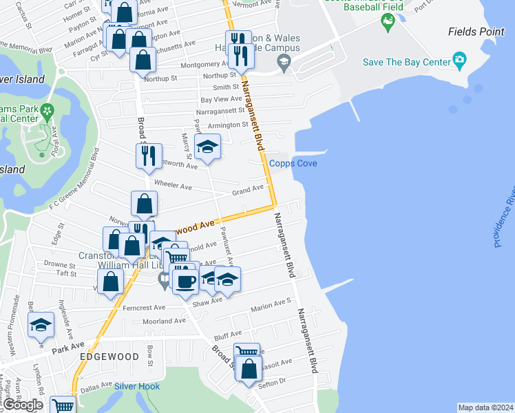 map of restaurants, bars, coffee shops, grocery stores, and more near 83 Norwood Avenue in Cranston