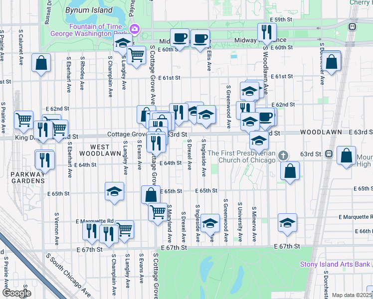 map of restaurants, bars, coffee shops, grocery stores, and more near 6330 South Drexel Avenue in Chicago