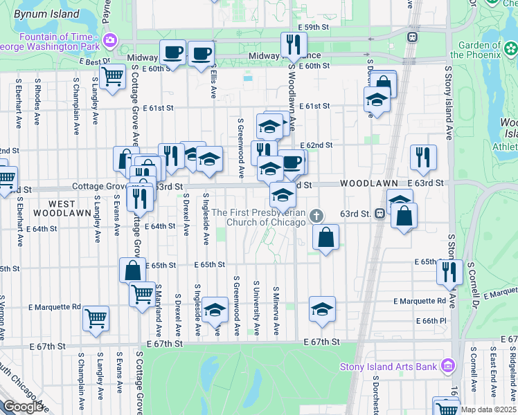 map of restaurants, bars, coffee shops, grocery stores, and more near 1118 East 64th Street in Chicago