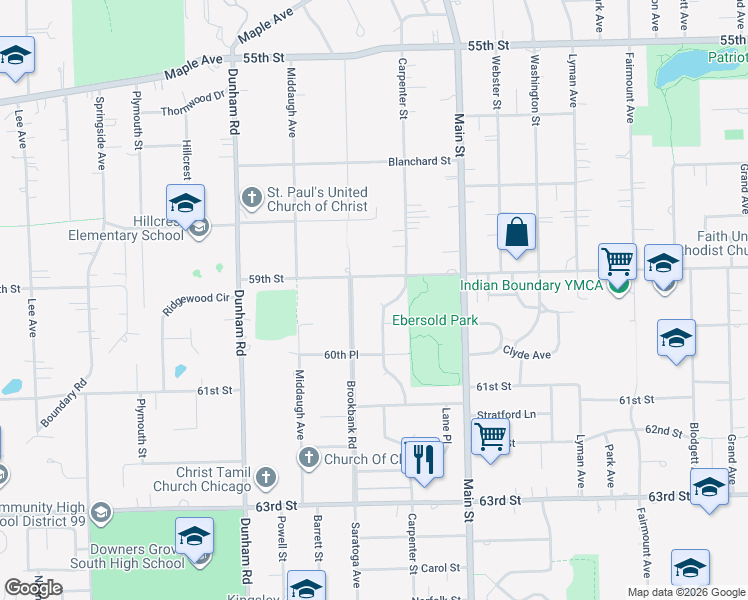 map of restaurants, bars, coffee shops, grocery stores, and more near 5924 Carpenter Street in Downers Grove