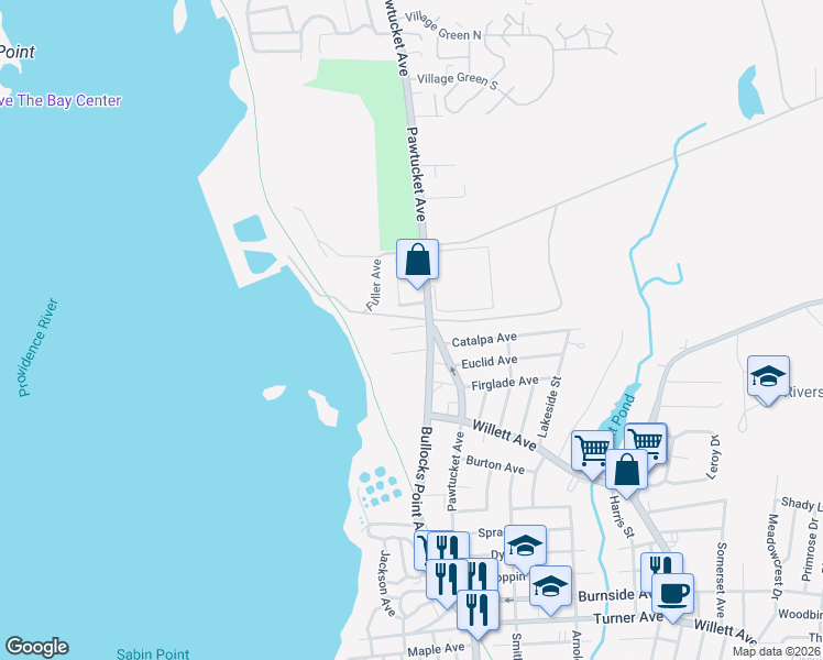map of restaurants, bars, coffee shops, grocery stores, and more near 8 Fuller Avenue in East Providence