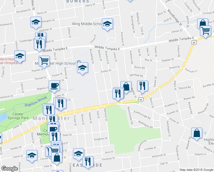map of restaurants, bars, coffee shops, grocery stores, and more near 53 Benton St in Manchester