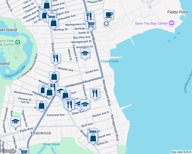 map of restaurants, bars, coffee shops, grocery stores, and more near 83 Norwood Avenue in Cranston