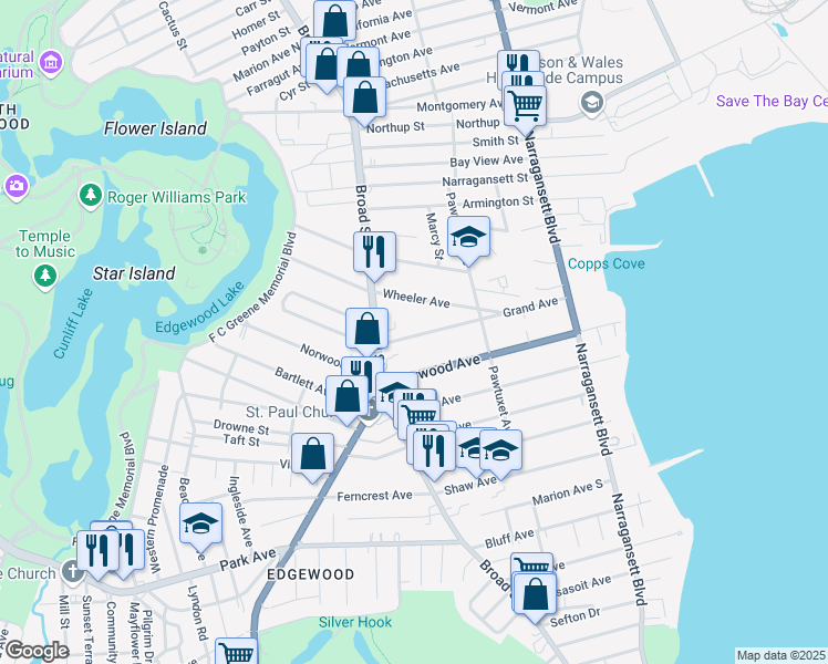 map of restaurants, bars, coffee shops, grocery stores, and more near 186 Grand Avenue in Cranston