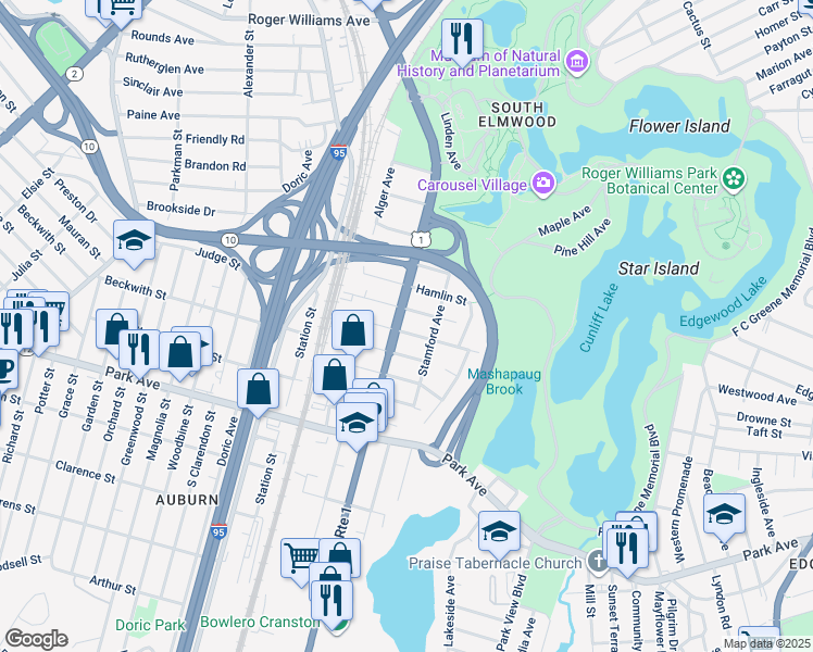 map of restaurants, bars, coffee shops, grocery stores, and more near 25 Thurston Street in Providence