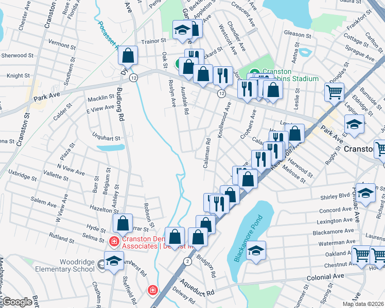 map of restaurants, bars, coffee shops, grocery stores, and more near 118 Columbus Boulevard in Cranston